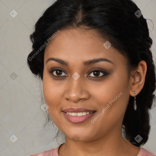 Joyful latino young-adult female with medium  brown hair and brown eyes