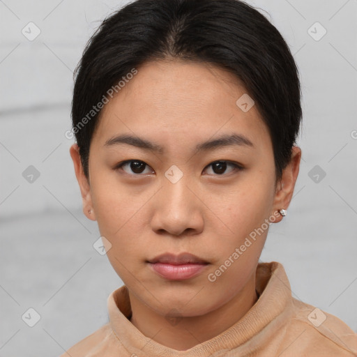 Neutral asian young-adult female with short  brown hair and brown eyes