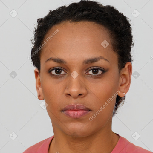 Neutral black young-adult female with short  brown hair and brown eyes