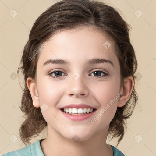 Joyful white child female with medium  brown hair and brown eyes