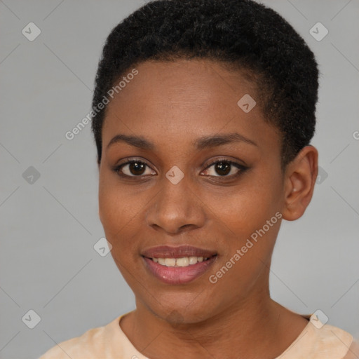 Joyful black young-adult female with short  brown hair and brown eyes