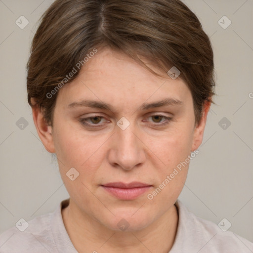 Joyful white adult female with short  brown hair and grey eyes