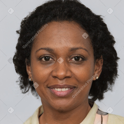 Joyful latino adult female with short  brown hair and brown eyes