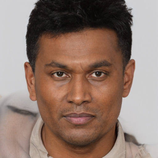 Neutral black adult male with short  brown hair and brown eyes