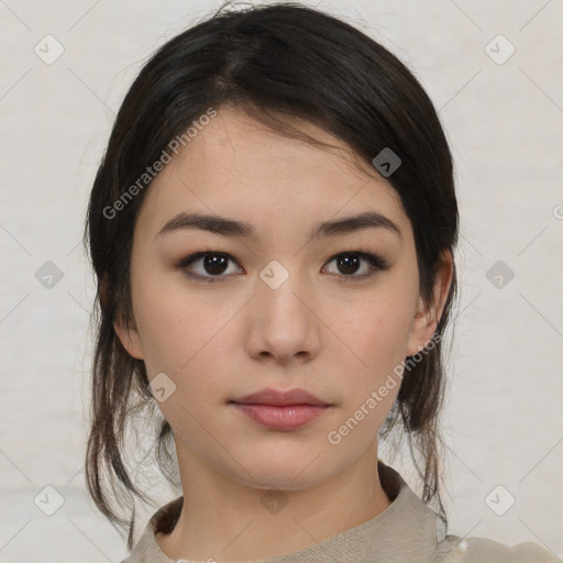 Neutral asian young-adult female with medium  brown hair and brown eyes