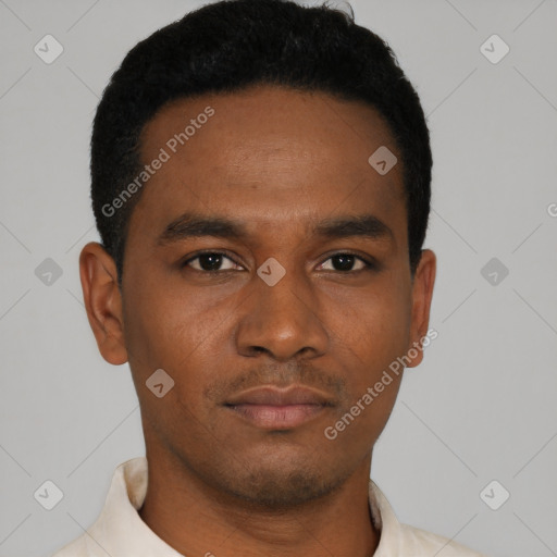 Neutral black young-adult male with short  black hair and brown eyes