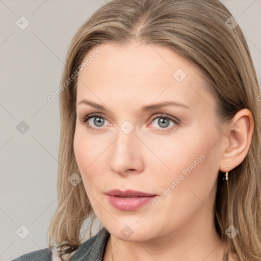 Neutral white young-adult female with medium  brown hair and grey eyes