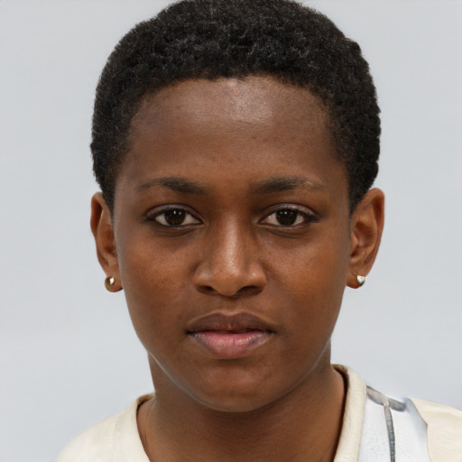 Neutral black young-adult female with short  brown hair and brown eyes