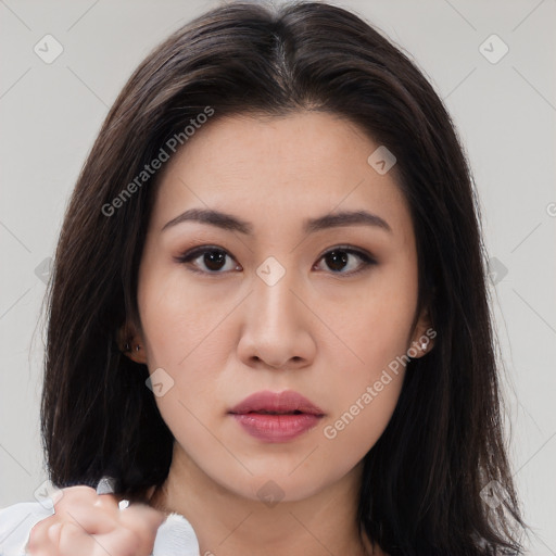 Neutral white young-adult female with medium  brown hair and brown eyes