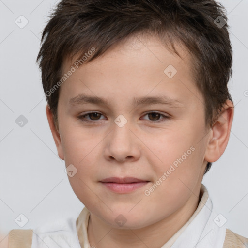 Joyful white child female with short  brown hair and brown eyes