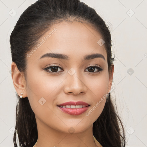 Joyful white young-adult female with long  brown hair and brown eyes