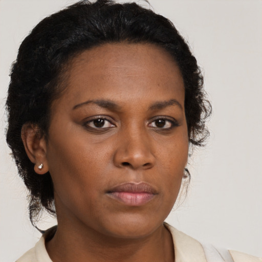 Neutral black young-adult female with medium  brown hair and brown eyes