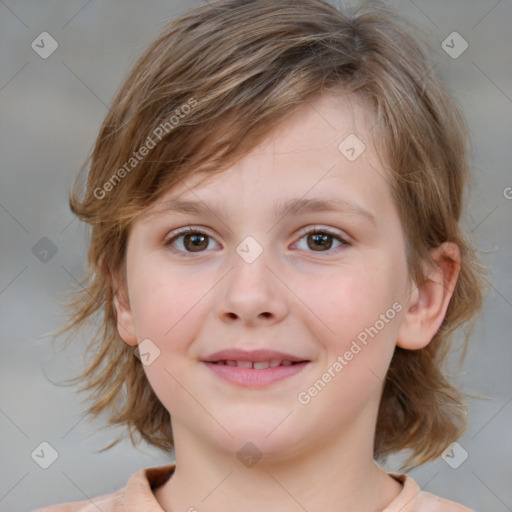 Joyful white child female with medium  brown hair and brown eyes