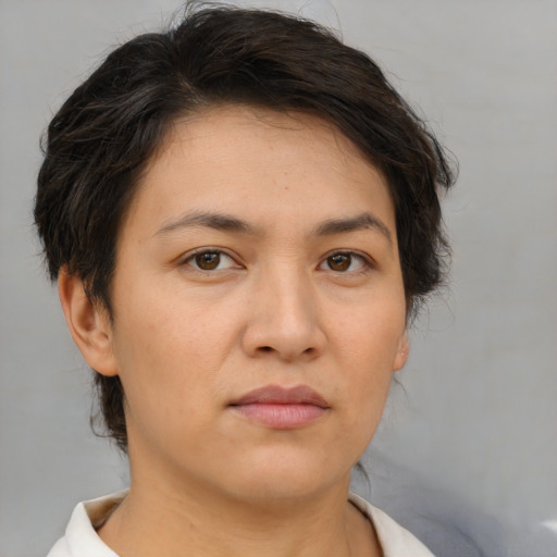 Neutral white young-adult female with short  brown hair and brown eyes