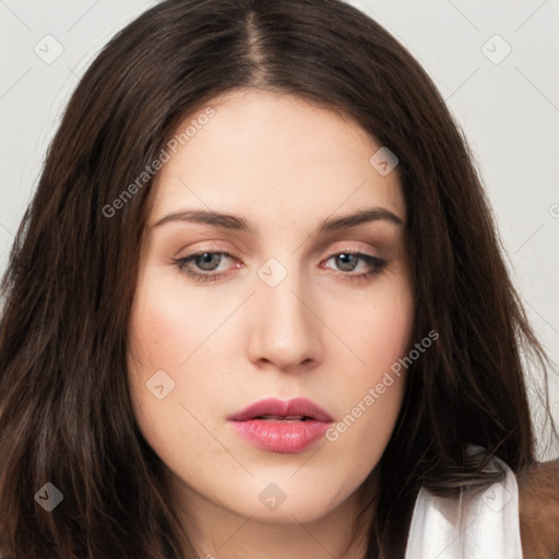 Neutral white young-adult female with long  brown hair and brown eyes