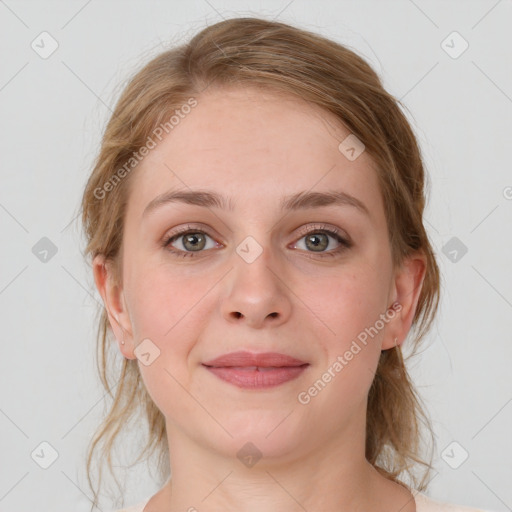 Joyful white young-adult female with medium  brown hair and blue eyes