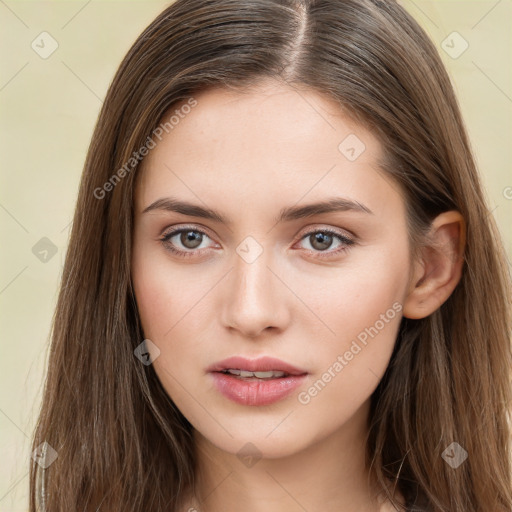 Neutral white young-adult female with long  brown hair and brown eyes