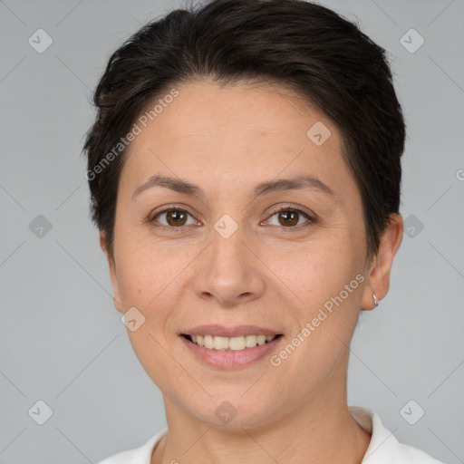 Joyful white young-adult female with short  brown hair and brown eyes