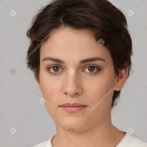 Neutral white young-adult female with short  brown hair and brown eyes