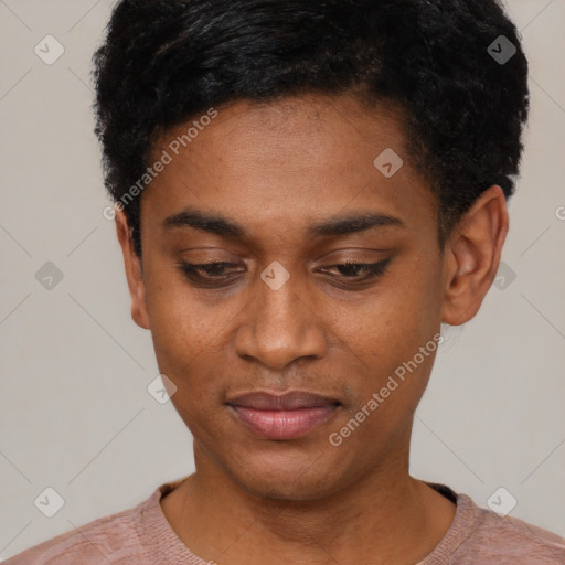 Joyful black young-adult male with short  black hair and brown eyes