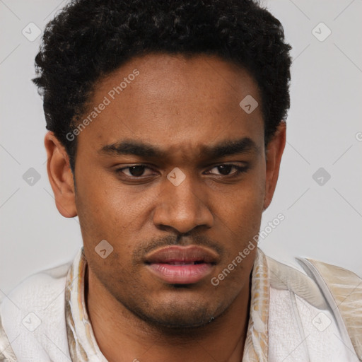 Neutral white young-adult male with short  black hair and brown eyes