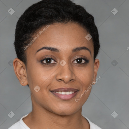 Joyful latino young-adult female with short  brown hair and brown eyes