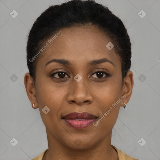 Joyful latino young-adult female with short  brown hair and brown eyes