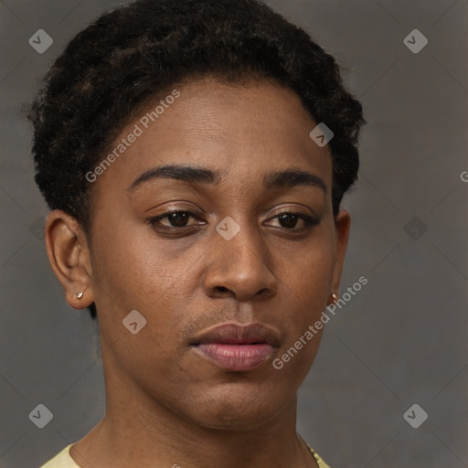 Neutral black young-adult female with short  brown hair and brown eyes