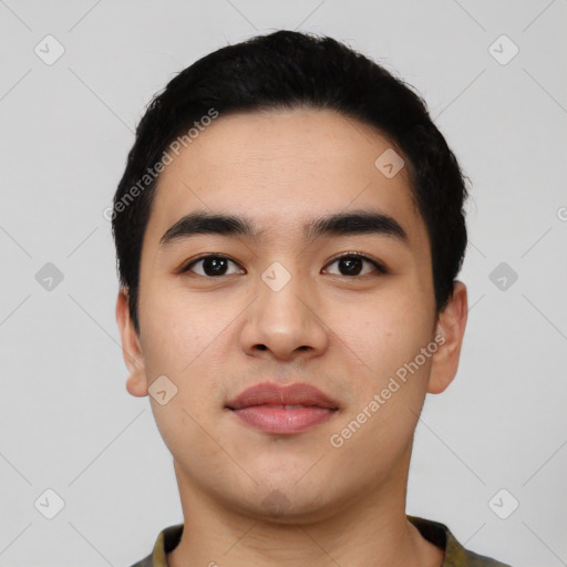 Neutral asian young-adult male with short  black hair and brown eyes