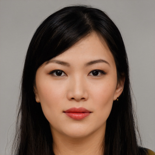 Neutral asian young-adult female with long  black hair and brown eyes