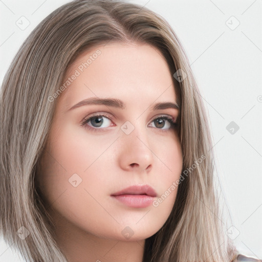 Neutral white young-adult female with long  brown hair and grey eyes