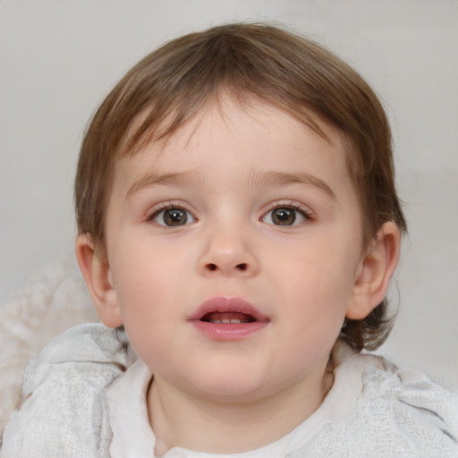 Neutral white child female with medium  brown hair and blue eyes