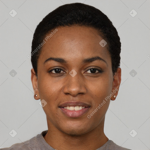 Joyful latino young-adult female with short  black hair and brown eyes