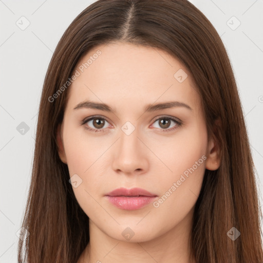 Neutral white young-adult female with long  brown hair and brown eyes