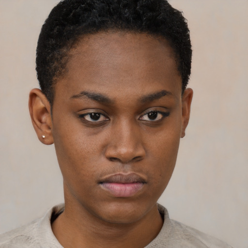 Neutral black young-adult female with short  black hair and brown eyes
