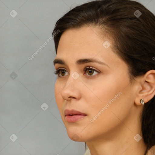 Neutral white young-adult female with short  brown hair and brown eyes