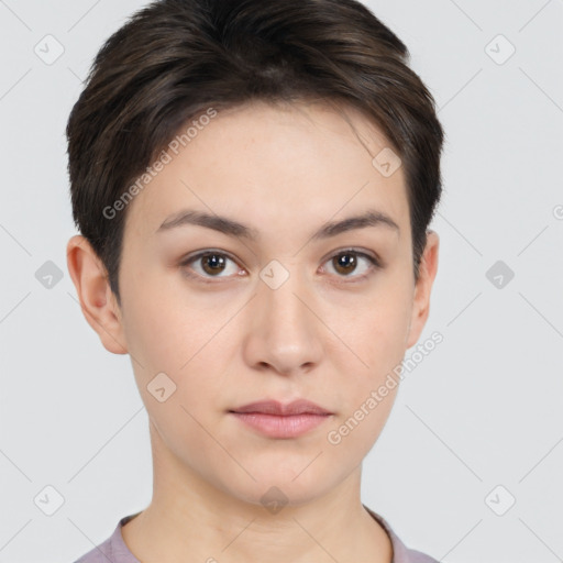 Neutral white young-adult female with short  brown hair and brown eyes