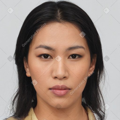 Neutral asian young-adult female with medium  brown hair and brown eyes