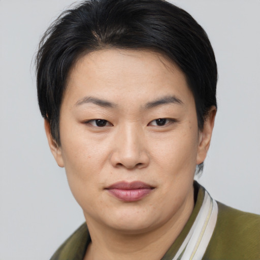 Joyful asian young-adult female with short  brown hair and brown eyes
