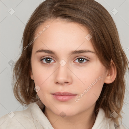 Neutral white young-adult female with medium  brown hair and brown eyes