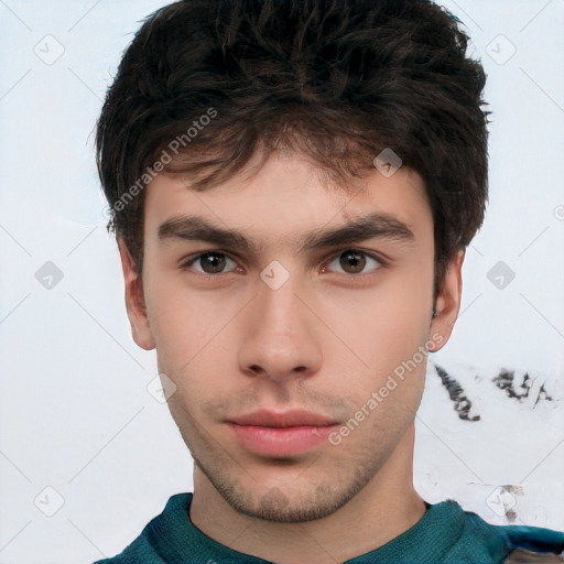 Neutral white young-adult male with short  brown hair and brown eyes