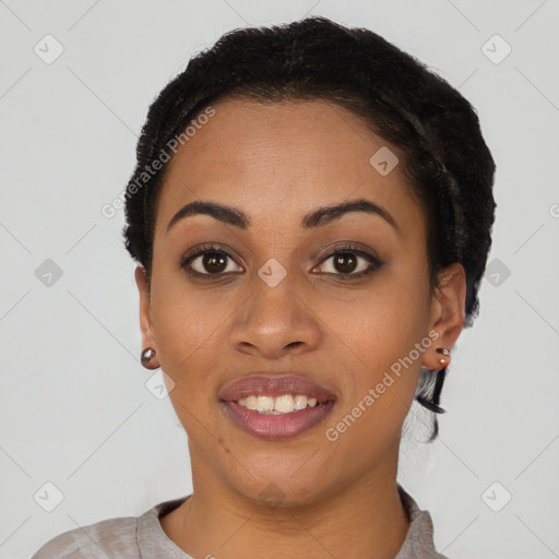 Joyful latino young-adult female with short  black hair and brown eyes