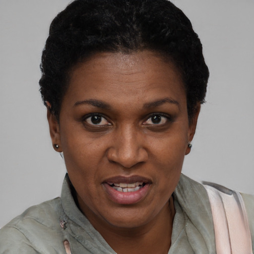 Joyful black adult female with short  black hair and brown eyes