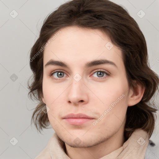 Neutral white young-adult female with medium  brown hair and grey eyes