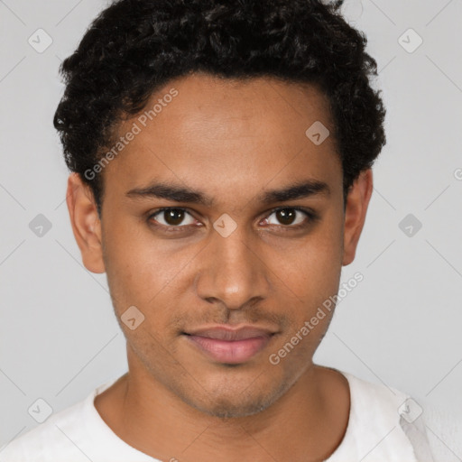 Joyful latino young-adult male with short  brown hair and brown eyes