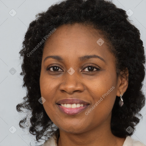 Joyful black adult female with long  brown hair and brown eyes