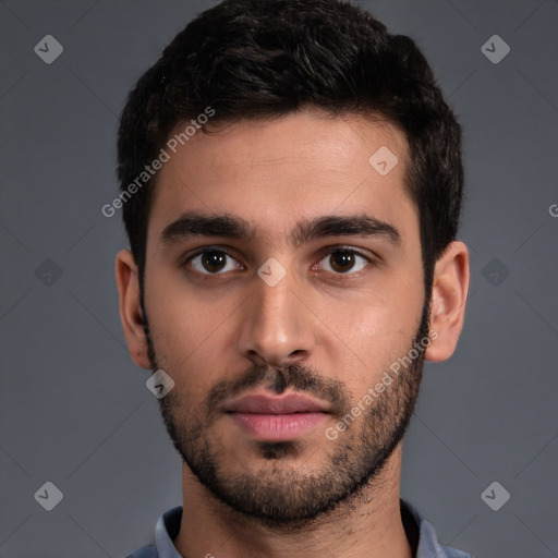 Neutral white young-adult male with short  brown hair and brown eyes