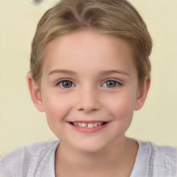 Joyful white child female with short  brown hair and brown eyes