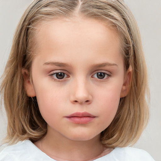 Neutral white child female with medium  brown hair and grey eyes