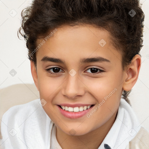 Joyful white child female with short  brown hair and brown eyes